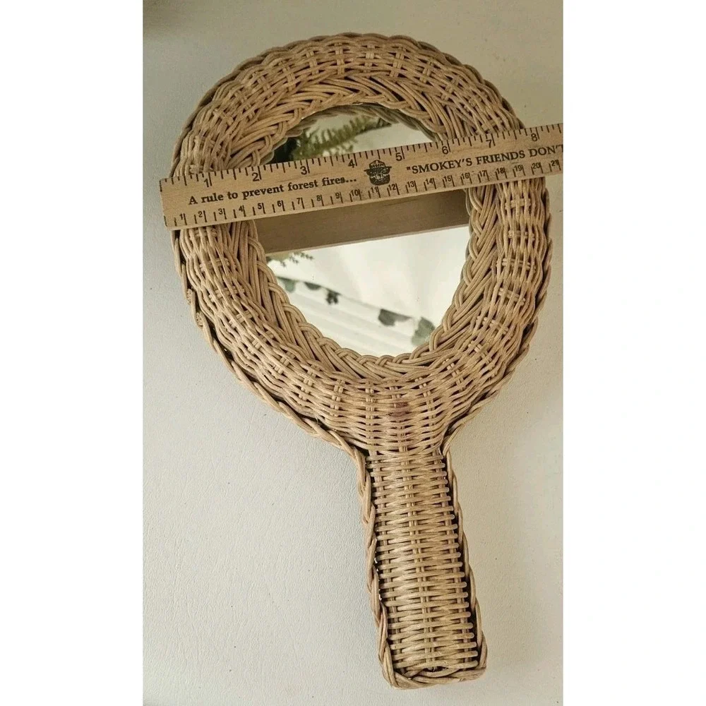 Wicker Rattan Hand Held Mirror Two Sided Vintage 1970's Woven/Braided